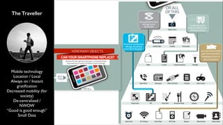 The Traveller

Mobile technology	

Location / Local	

Always on / Instant
gratiﬁcation	

Decreased mobility (for
society)	

De-centralized /
NWOW	

“Good is good enough”	

Small Data

 