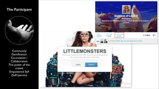 The Participant

Community	

Gamiﬁcation 	

Co-creation /
Collaboration	

The power of the
crowd	

Empowered Self	

(Self-)service

 