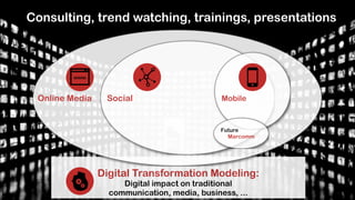 Consulting, trend watching, trainings, presentations

Online Media

Social

Mobile

Future
Marcomm

!

Digital Transformation Modeling:
Digital impact on traditional
communication, media, business, ...

 