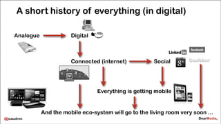 A short history of everything (in digital)
Analogue

Digital

Connected (internet)

Social

Everything is getting mobile

...