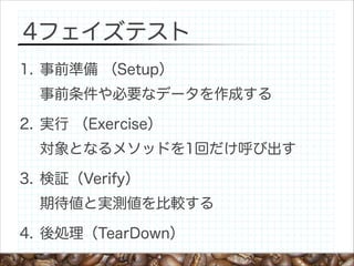 4フェイズテスト
1. 事前準備 （Setup） 
事前条件や必要なデータを作成する
2. 実行 （Exercise） 
対象となるメソッドを1回だけ呼び出す
3. 検証（Verify） 
期待値と実測値を比較する
4. 後処理（TearDown）

 