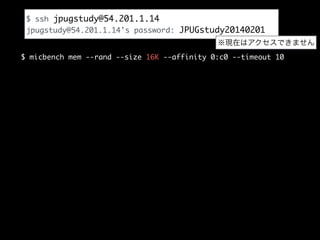 $ ssh jpugstudy@54.201.1.14	
jpugstudy@54.201.1.14's password: JPUGstudy20140201
※現在はアクセスできません
$ micbench mem --rand --size 16K --affinity 0:c0 --timeout 10

 
