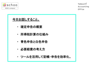  　 今日お話しすること。	
  
	
  
　　　　・　確定申告の概要	
  
	
  
　　　　・　所得税計算の仕組み	
  
	
  
　　　　・　青色申告と白色申告	
  
	
  
　　　　・　必要経費の考え方	
  
	
  
　　　　・　ツールを活用して記帳・申告を効率化。	

 