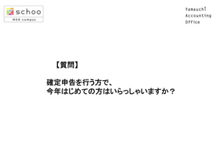 　　　　　　　　【質問】	
  
	
  
　「確定申告」って、どんなことをするかイメージできますか？ 
　　	

 