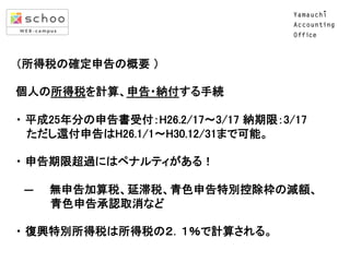 （所得税の確定申告の概要 ） 
 
個人の所得税を計算、申告・納付する手続 
 
・ 平成25年分の申告書受付：H26.2/17～3/17 納期限：3/17 
ただし還付申告はH26.1/1～H30.12/31まで可能。 
 
・ 申告期限超過にはペナルティがある！	
  
	
  
　―　　無申告加算税、延滞税、青色申告特別控除枠の減額、 
　　　 　青色申告承認取消など 
 
・ 復興特別所得税は所得税の２．１％で計算される。	

 