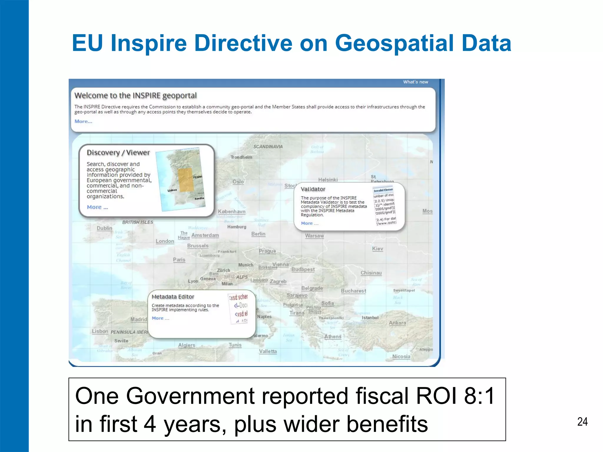 EU Inspire Directive on Geospatial Data

One Government reported fiscal ROI 8:1
in first 4 years, plus wider benefits

24

 