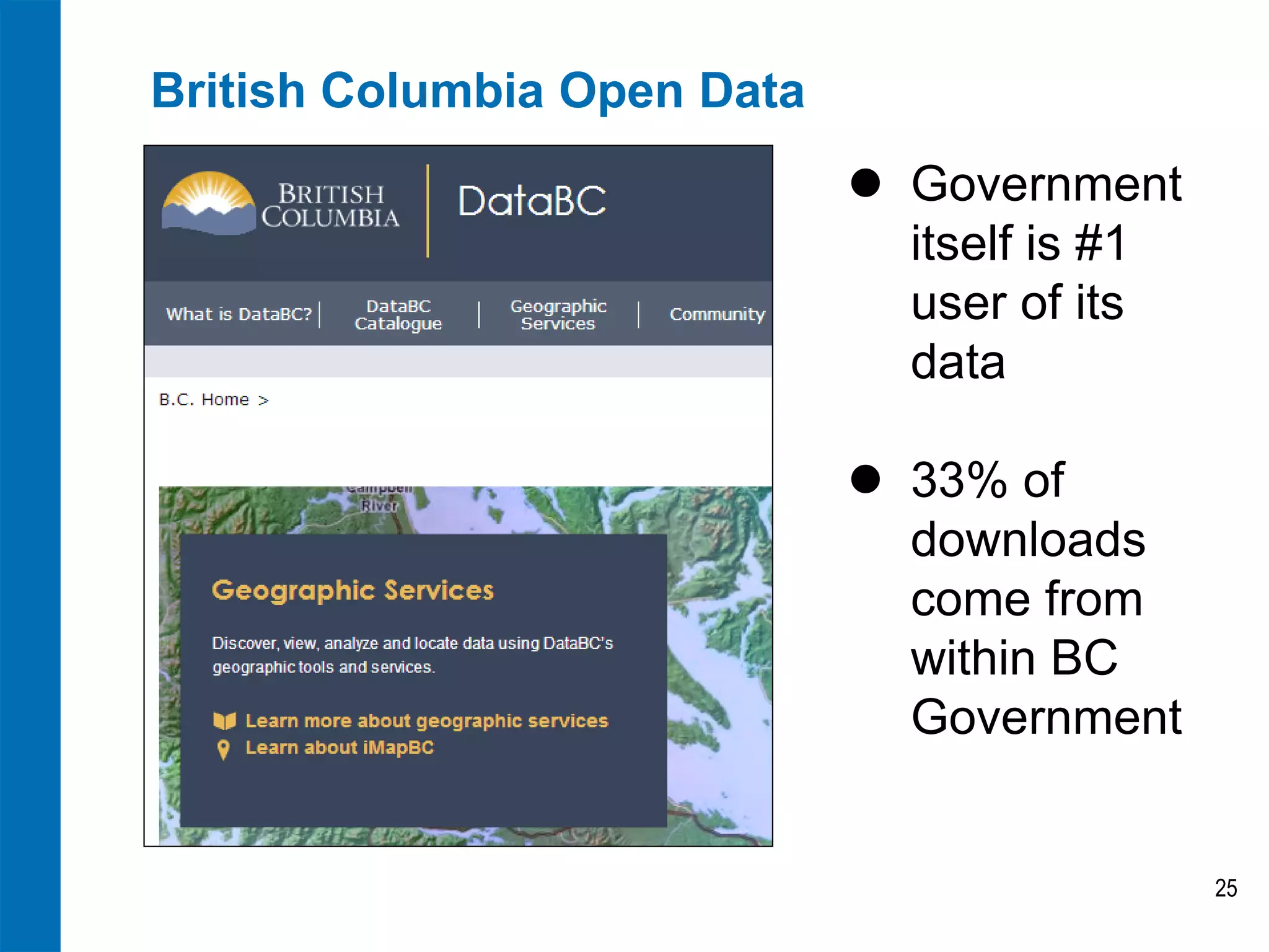 British Columbia Open Data
 Government
itself is #1
user of its
data
 33% of
downloads
come from
within BC
Government

25

 