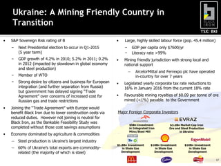 Ukraine: A Mining Friendly Country in
Transition
TSX: BKI
•

S&P Sovereign Risk rating of B
−

Member of WTO

−

•

GDP growth of 4.2% in 2010; 5.2% in 2011; 0.2%
in 2012 (impacted by slowdown in global economy
and steel production)

−

•

Next Presidential election to occur in Q1-2015
(5 year term)

−

Strong desire by citizens and business for European
integration (and further separation from Russia)
but government has delayed signing “Trade
Agreement” over concerns of increased cost for
Russian gas and trade restrictions

•

Joining the “Trade Agreement” with Europe would
benefit Black Iron due to lower construction costs via
reduced duties. However not joining is neutral for
Black Iron, as the Bankable Feasibility Study was
completed without those cost savings assumptions
Economy dominated by agriculture & commodities

Large, highly skilled labour force (pop. 45.4 million)
GDP per capita only $7600/yr
Literacy rate >99%

−
−
•

Mining friendly jurisdiction with strong local and
national support
―

ArcelorMittal and Ferrexpo plc have operated
in-country for over 7 years

•

Legislated yearly corporate tax rate reductions to
16% in January 2016 from the current 18% rate

•

Favourable mining royalties of $0.09 per tonne of ore
mined (<1%) payable to the Government

Major Foreign Corporate Investors
$5Bn Investment
in Integrated Iron
Mine/Steel Mill

$3.2Bn Market Cap Iron
Ore and Steel Production
in Ukraine

― Steel production is Ukraine’s largest industry
― 60% of Ukraine’s total exports are commodityrelated (the majority of which is steel)

$1.8Bn Investment
in Shale Gas
Development

$10Bn Investment
in Shale Gas
Development

$10Bn Investment
in Shale Gas
Development
17

 