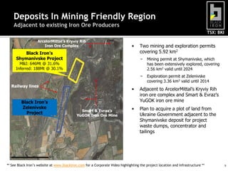Deposits In Mining Friendly Region
Adjacent to existing Iron Ore Producers
TSX: BKI
ArcelorMittal’s Kryviy Rih
Iron Ore Complex

•

Black Iron’s
Shymanivske Project

Two mining and exploration permits
covering 5.92 km2
−

−

M&I: 646Mt @ 31.6%
Inferred: 188Mt @ 30.1%

Railway lines

Black Iron’s
Zelenivske
Project

Mining permit at Shymanivske, which
has been extensively explored, covering
2.56 km2 valid until 2024
Exploration permit at Zelenivske
covering 3.36 km2 valid until 2014

•

Smart & Evraz’s
YuGOK Iron Ore Mine

Adjacent to ArcelorMittal’s Kryviy Rih
iron ore complex and Smart & Evraz’s
YuGOK iron ore mine

•

Plan to acquire a plot of land from
Ukraine Government adjacent to the
Shymanivske deposit for project
waste dumps, concentrator and
tailings

** See Black Iron’s website at www.blackiron.com for a Corporate Video highlighting the project location and infrastructure **

9

 
