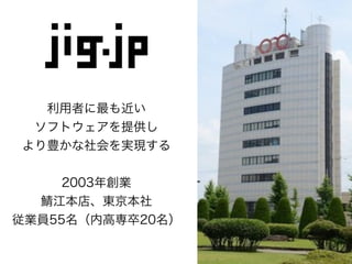 利用者に最も近い
ソフトウェアを提供し
より豊かな社会を実現する
2003年創業
鯖江本店、東京本社
従業員55名（内高専卒20名）

 