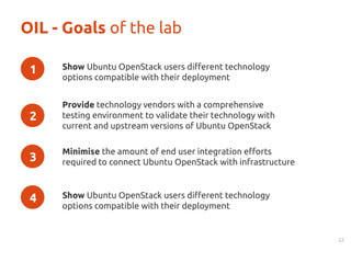 OIL - Goals of the lab 
2 
Provide technology vendors with a comprehensive 
testing environment to validate their technology with 
current and upstream versions of Ubuntu OpenStack 
22 
Show Ubuntu OpenStack users different technology 
options compatible with their deployment 
1 
Minimise the amount of end user integration efforts 
required to connect Ubuntu OpenStack 3 with infrastructure 
Show Ubuntu OpenStack users different technology 
options compatible with their deployment 
4 
 
