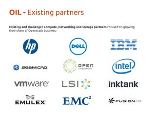 OIL - Existing partners 
Existing and challenger Compute, Networking and storage partners focused on growing 
their share of Openstack business: 
 