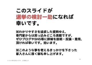 このスライドが  
選挙の検討一助になれば  
幸いです。  
  
※わかりやすさを追求した資料ゆえ、  
専門家からは突っ込みどころ満載ですが、  
ぜひブログやSSNNSS等に詳細を説明・反論・意見、  
頂ければ幸いです。拾います。  
  
※このような事を考えるきっかけを下さった  
家入�さんに厚く御礼申し上げます。  
©	
  2014	
  株式会社小石川　広瀬眞之介	
 

80	
 

 