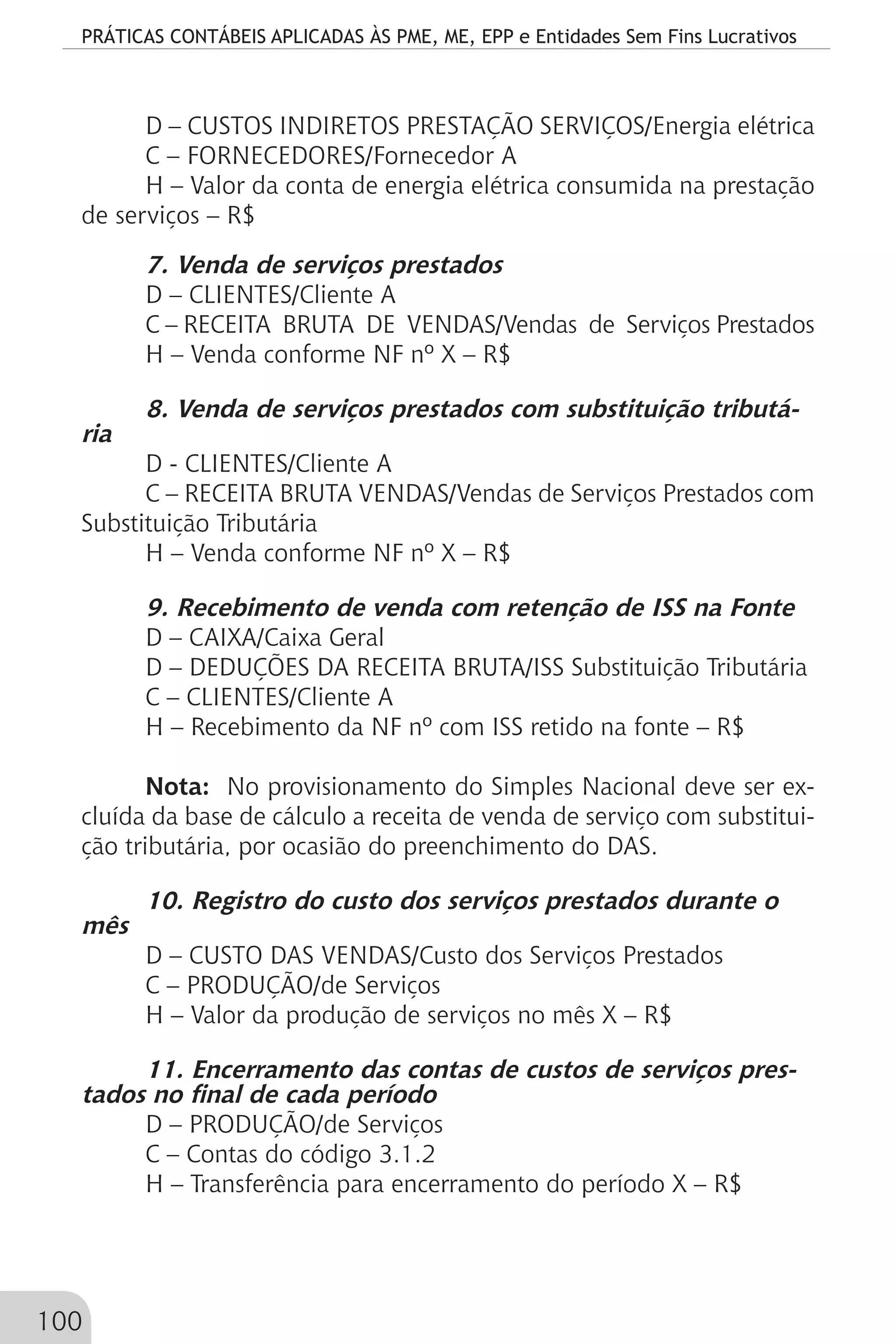 PRÁTICAS CONTÁBEIS APLICADAS ÀS PME, ME, EPP e Entidades Sem Fins Lucrativos
100
D – CUSTOS INDIRETOS PRESTAÇÃO SERVIÇOS/Energia elétrica
C – FORNECEDORES/Fornecedor A
H – Valor da conta de energia elétrica consumida na prestação
de serviços – R$
7. Venda de serviços prestados
D – CLIENTES/Cliente A
C – RECEITA BRUTA DE VENDAS/Vendas de Serviços Prestados
H – Venda conforme NF nº X – R$
8. Venda de serviços prestados com substituição tributá-
ria
D - CLIENTES/Cliente A
C – RECEITA BRUTA VENDAS/Vendas de Serviços Prestados com
Substituição Tributária
H – Venda conforme NF nº X – R$
9. Recebimento de venda com retenção de ISS na Fonte
D – CAIXA/Caixa Geral
D – DEDUÇÕES DA RECEITA BRUTA/ISS Substituição Tributária
C – CLIENTES/Cliente A
H – Recebimento da NF nº com ISS retido na fonte – R$
Nota: No provisionamento do Simples Nacional deve ser ex-
cluída da base de cálculo a receita de venda de serviço com substitui-
ção tributária, por ocasião do preenchimento do DAS.
10. Registro do custo dos serviços prestados durante o
mês
D – CUSTO DAS VENDAS/Custo dos Serviços Prestados
C – PRODUÇÃO/de Serviços
H – Valor da produção de serviços no mês X – R$
11. Encerramento das contas de custos de serviços pres-
tados no final de cada período
D – PRODUÇÃO/de Serviços
C – Contas do código 3.1.2
H – Transferência para encerramento do período X – R$
 
