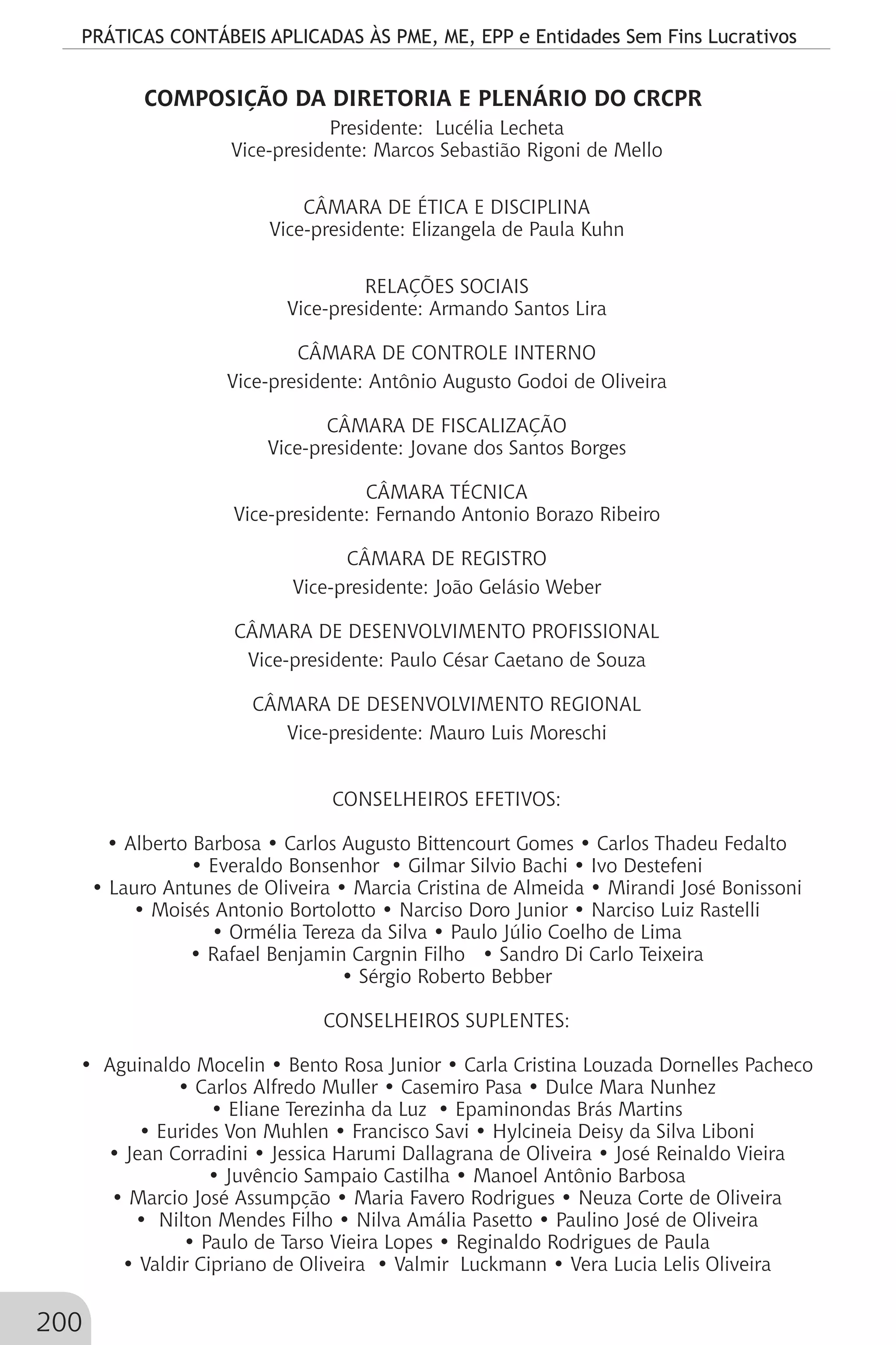 PRÁTICAS CONTÁBEIS APLICADAS ÀS PME, ME, EPP e Entidades Sem Fins Lucrativos
200
COMPOSIÇÃO DA DIRETORIA E PLENÁRIO DO CRCPR
Presidente: Lucélia Lecheta
Vice-presidente: Marcos Sebastião Rigoni de Mello
CÂMARA DE ÉTICA E DISCIPLINA
Vice-presidente: Elizangela de Paula Kuhn
RELAÇÕES SOCIAIS
Vice-presidente: Armando Santos Lira
CÂMARA DE CONTROLE INTERNO
Vice-presidente: Antônio Augusto Godoi de Oliveira
CÂMARA DE FISCALIZAÇÃO
Vice-presidente: Jovane dos Santos Borges
CÂMARA TÉCNICA
Vice-presidente: Fernando Antonio Borazo Ribeiro
CÂMARA DE REGISTRO
Vice-presidente: João Gelásio Weber
CÂMARA DE DESENVOLVIMENTO PROFISSIONAL
Vice-presidente: Paulo César Caetano de Souza
CÂMARA DE DESENVOLVIMENTO REGIONAL
Vice-presidente: Mauro Luis Moreschi
CONSELHEIROS EFETIVOS:
• Alberto Barbosa • Carlos Augusto Bittencourt Gomes • Carlos Thadeu Fedalto
• Everaldo Bonsenhor • Gilmar Silvio Bachi • Ivo Destefeni
• Lauro Antunes de Oliveira • Marcia Cristina de Almeida • Mirandi José Bonissoni
• Moisés Antonio Bortolotto • Narciso Doro Junior • Narciso Luiz Rastelli
• Ormélia Tereza da Silva • Paulo Júlio Coelho de Lima
• Rafael Benjamin Cargnin Filho • Sandro Di Carlo Teixeira
• Sérgio Roberto Bebber
CONSELHEIROS SUPLENTES:
• Aguinaldo Mocelin • Bento Rosa Junior • Carla Cristina Louzada Dornelles Pacheco
• Carlos Alfredo Muller • Casemiro Pasa • Dulce Mara Nunhez
• Eliane Terezinha da Luz • Epaminondas Brás Martins
• Eurides Von Muhlen • Francisco Savi • Hylcineia Deisy da Silva Liboni
• Jean Corradini • Jessica Harumi Dallagrana de Oliveira • José Reinaldo Vieira
• Juvêncio Sampaio Castilha • Manoel Antônio Barbosa
• Marcio José Assumpção • Maria Favero Rodrigues • Neuza Corte de Oliveira
• Nilton Mendes Filho • Nilva Amália Pasetto • Paulino José de Oliveira
• Paulo de Tarso Vieira Lopes • Reginaldo Rodrigues de Paula
• Valdir Cipriano de Oliveira • Valmir Luckmann • Vera Lucia Lelis Oliveira
 