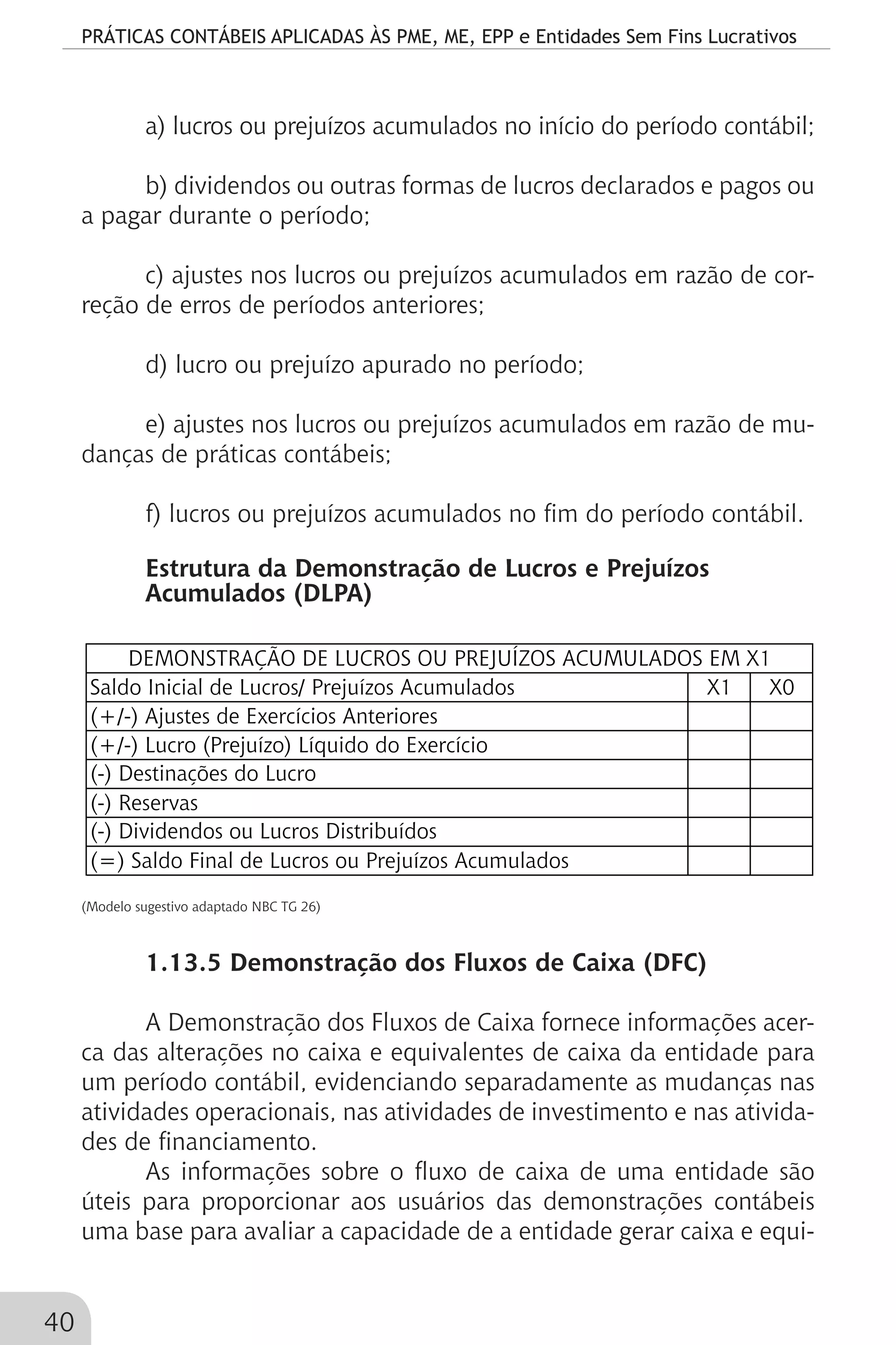 PRÁTICAS CONTÁBEIS APLICADAS ÀS PME, ME, EPP e Entidades Sem Fins Lucrativos
40
a) lucros ou prejuízos acumulados no início do período contábil;
b) dividendos ou outras formas de lucros declarados e pagos ou
a pagar durante o período;
c) ajustes nos lucros ou prejuízos acumulados em razão de cor-
reção de erros de períodos anteriores;
d) lucro ou prejuízo apurado no período;
e) ajustes nos lucros ou prejuízos acumulados em razão de mu-
danças de práticas contábeis;
f) lucros ou prejuízos acumulados no fim do período contábil.
Estrutura da Demonstração de Lucros e Prejuízos
Acumulados (DLPA)
		
Saldo Inicial de Lucros/ Prejuízos Acumulados X1 X0
(+/-) Ajustes de Exercícios Anteriores
(+/-) Lucro (Prejuízo) Líquido do Exercício
(-) Destinações do Lucro
(-) Reservas
(-) Dividendos ou Lucros Distribuídos
(=) Saldo Final de Lucros ou Prejuízos Acumulados
DEMONSTRAÇÃO DE LUCROS OU PREJUÍZOS ACUMULADOS EM X1
	
(Modelo sugestivo adaptado NBC TG 26)			
			
1.13.5 Demonstração dos Fluxos de Caixa (DFC)
A Demonstração dos Fluxos de Caixa fornece informações acer-
ca das alterações no caixa e equivalentes de caixa da entidade para
um período contábil, evidenciando separadamente as mudanças nas
atividades operacionais, nas atividades de investimento e nas ativida-
des de financiamento.
As informações sobre o fluxo de caixa de uma entidade são
úteis para proporcionar aos usuários das demonstrações contábeis
uma base para avaliar a capacidade de a entidade gerar caixa e equi-
 