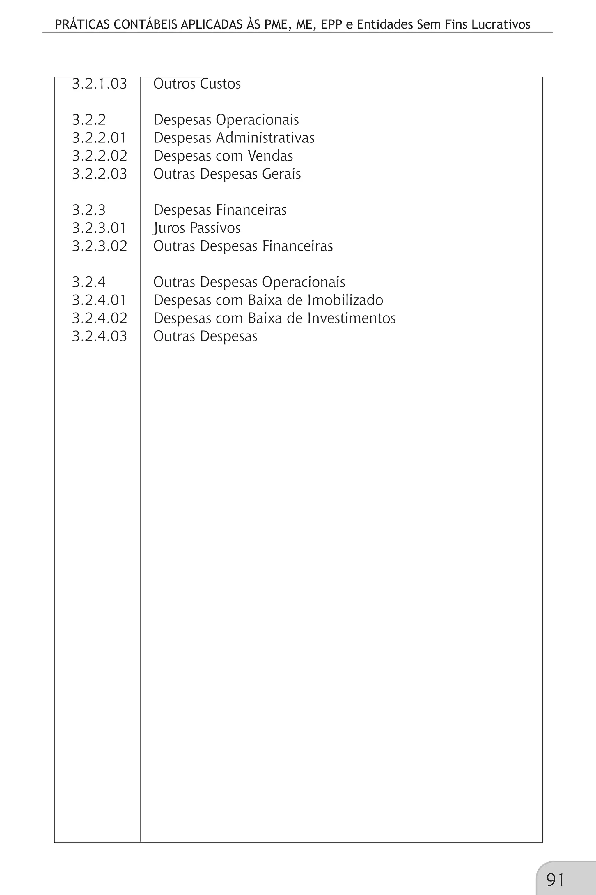 PRÁTICAS CONTÁBEIS APLICADAS ÀS PME, ME, EPP e Entidades Sem Fins Lucrativos
91
3.2.1.03 	 Outros Custos
3.2.2		 Despesas Operacionais
3.2.2.01	 Despesas Administrativas
3.2.2.02	 Despesas com Vendas
3.2.2.03	 Outras Despesas Gerais
3.2.3		 Despesas Financeiras
3.2.3.01	 Juros Passivos
3.2.3.02	 Outras Despesas Financeiras
3.2.4		 Outras Despesas Operacionais
3.2.4.01	 Despesas com Baixa de Imobilizado
3.2.4.02	 Despesas com Baixa de Investimentos
3.2.4.03	 Outras Despesas
	
 