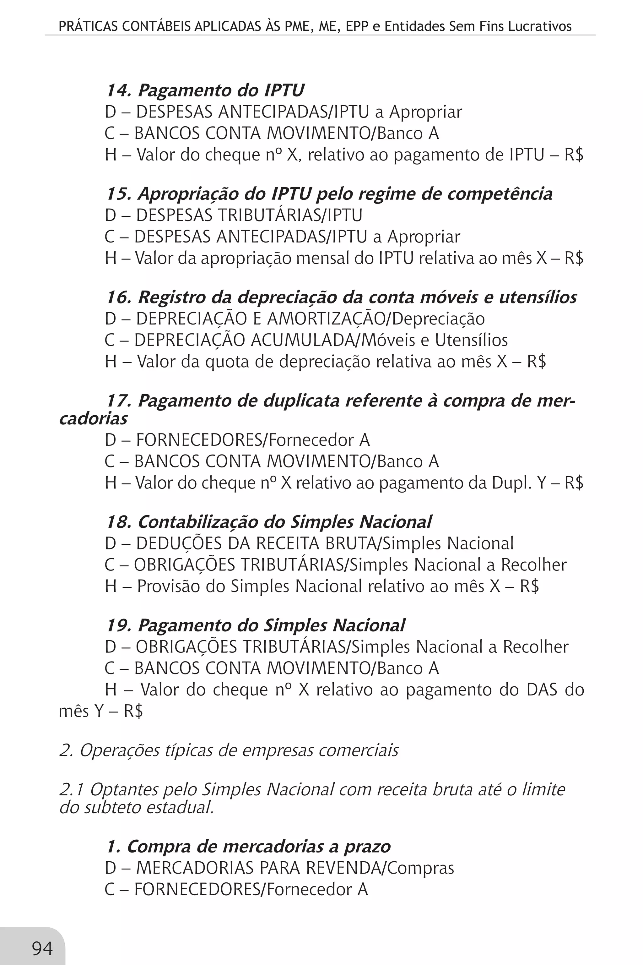 PRÁTICAS CONTÁBEIS APLICADAS ÀS PME, ME, EPP e Entidades Sem Fins Lucrativos
94
14. Pagamento do IPTU
D – DESPESAS ANTECIPADAS/IPTU a Apropriar
C – BANCOS CONTA MOVIMENTO/Banco A
H – Valor do cheque nº X, relativo ao pagamento de IPTU – R$
15. Apropriação do IPTU pelo regime de competência
D – DESPESAS TRIBUTÁRIAS/IPTU
C – DESPESAS ANTECIPADAS/IPTU a Apropriar
H – Valor da apropriação mensal do IPTU relativa ao mês X – R$
16. Registro da depreciação da conta móveis e utensílios
D – DEPRECIAÇÃO E AMORTIZAÇÃO/Depreciação
C – DEPRECIAÇÃO ACUMULADA/Móveis e Utensílios
H – Valor da quota de depreciação relativa ao mês X – R$
17. Pagamento de duplicata referente à compra de mer-
cadorias
D – FORNECEDORES/Fornecedor A
C – BANCOS CONTA MOVIMENTO/Banco A
H – Valor do cheque nº X relativo ao pagamento da Dupl. Y – R$
18. Contabilização do Simples Nacional
D – DEDUÇÕES DA RECEITA BRUTA/Simples Nacional
C – OBRIGAÇÕES TRIBUTÁRIAS/Simples Nacional a Recolher
H – Provisão do Simples Nacional relativo ao mês X – R$
19. Pagamento do Simples Nacional
D – OBRIGAÇÕES TRIBUTÁRIAS/Simples Nacional a Recolher
C – BANCOS CONTA MOVIMENTO/Banco A
H – Valor do cheque nº X relativo ao pagamento do DAS do
mês Y – R$
2. Operações típicas de empresas comerciais
2.1 Optantes pelo Simples Nacional com receita bruta até o limite
do subteto estadual.
1. Compra de mercadorias a prazo
D – MERCADORIAS PARA REVENDA/Compras
C – FORNECEDORES/Fornecedor A
 