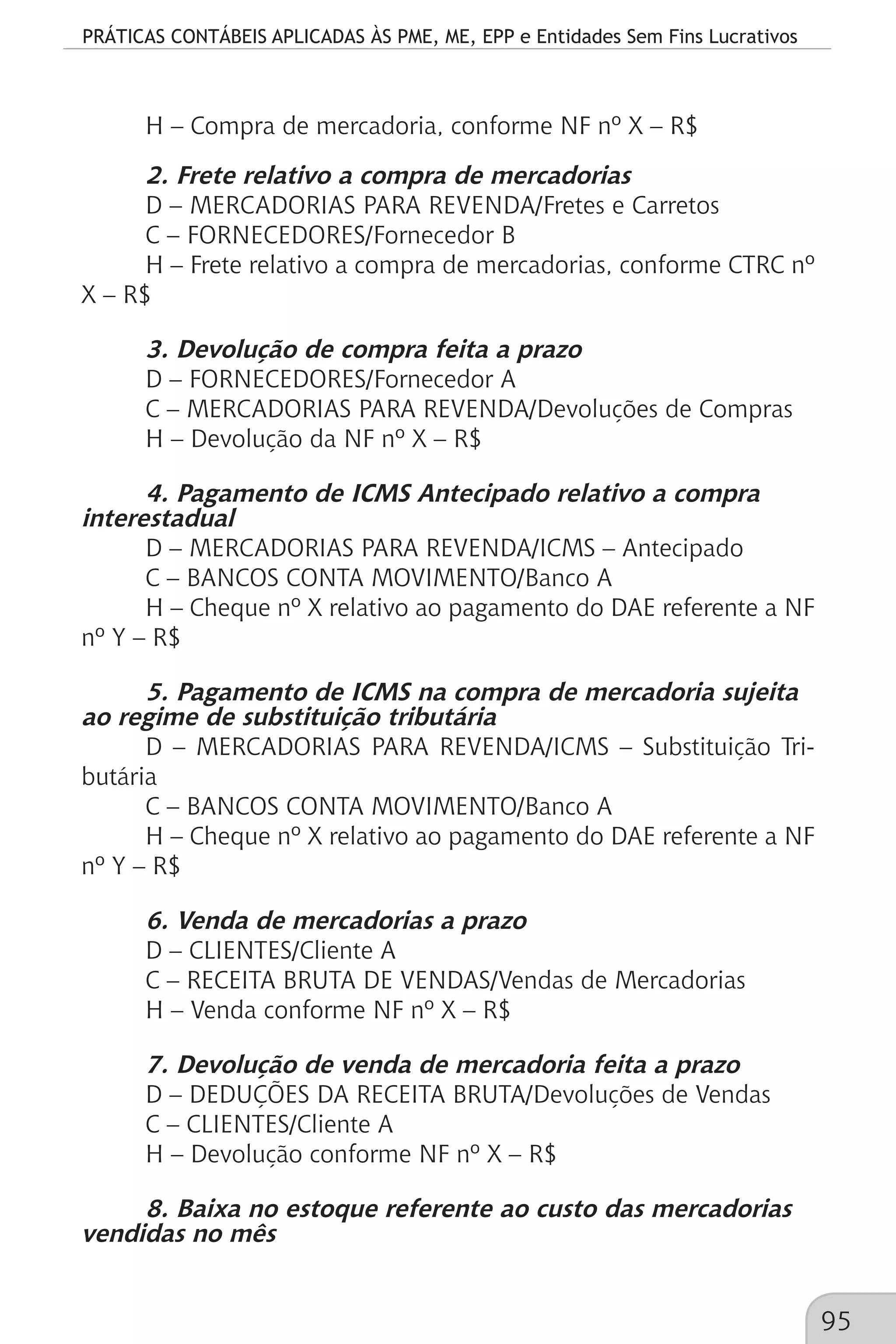 PRÁTICAS CONTÁBEIS APLICADAS ÀS PME, ME, EPP e Entidades Sem Fins Lucrativos
95
H – Compra de mercadoria, conforme NF nº X – R$
2. Frete relativo a compra de mercadorias
D – MERCADORIAS PARA REVENDA/Fretes e Carretos
C – FORNECEDORES/Fornecedor B
H – Frete relativo a compra de mercadorias, conforme CTRC nº
X – R$
3. Devolução de compra feita a prazo
D – FORNECEDORES/Fornecedor A
C – MERCADORIAS PARA REVENDA/Devoluções de Compras
H – Devolução da NF nº X – R$
4. Pagamento de ICMS Antecipado relativo a compra
interestadual
D – MERCADORIAS PARA REVENDA/ICMS – Antecipado
C – BANCOS CONTA MOVIMENTO/Banco A
H – Cheque nº X relativo ao pagamento do DAE referente a NF
nº Y – R$
5. Pagamento de ICMS na compra de mercadoria sujeita
ao regime de substituição tributária
D – MERCADORIAS PARA REVENDA/ICMS – Substituição Tri-
butária
C – BANCOS CONTA MOVIMENTO/Banco A
H – Cheque nº X relativo ao pagamento do DAE referente a NF
nº Y – R$
6. Venda de mercadorias a prazo
D – CLIENTES/Cliente A
C – RECEITA BRUTA DE VENDAS/Vendas de Mercadorias
H – Venda conforme NF nº X – R$
7. Devolução de venda de mercadoria feita a prazo
D – DEDUÇÕES DA RECEITA BRUTA/Devoluções de Vendas
C – CLIENTES/Cliente A
H – Devolução conforme NF nº X – R$
8. Baixa no estoque referente ao custo das mercadorias
vendidas no mês
 