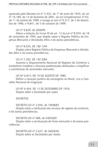 PRÁTICAS CONTÁBEIS APLICADAS ÀS PME, ME, EPP e Entidades Sem Fins Lucrativos
153
aprovada pelo Decreto-Lei nº 5.452, de 1º de maio de 1943, da Lei
nº 10.189, de 14 de fevereiro de 2001, da Lei Complementar nº 63,
de 11 de janeiro de 1990; e revoga as Leis nº 9.317, de 5 de dezem-
bro de 1996, e 9.841, de 5 de outubro de 1999.
LEI nº 9.829, de 2/09/99
Altera a redação do inciso III do art. 12 da Lei nº 8.934, de 18
de novembro de 1994, que dispõe sobre o Registro Público de Em-
presas Mercantis e Atividades Afins e dá outras providências.
LEI nº 8.934, DE 18/11/94
Dispõe sobre Registro Público de Empresas Mercantis e Ativida-
des Afins e dá outras providências.
LEI nº 7.292, DE 19/12/84
Autoriza o Departamento Nacional de Registro do Comércio a
estabelecer modelos e cláusulas padronizadas destinadas a simplificar
a constituição de sociedades mercantis.
LEI Nº 6.815, DE 19 DE AGOSTO DE 1980.
Define a situação jurídica do estrangeiro no Brasil, cria o Con-
selho Nacional de Imigração
LEI Nº 6.404, DE 15 DE DEZEMBRO DE 1976.
Dispõe sobre a Sociedade por ações
DECRETOS
DECRETO-LEI nº 2.056, de 19/08/83
Dispõe sobre a retribuição dos serviços de registro do comércio,
e dá outras providências.
DECRETO-LEI nº 486, de 03/03/69
Dispõe sobre a escrituração de livros mercantis e dá outras pro-
vidências.
DECRETO-LEI nº 2.627, de 26/09/40
Dispõe sobre as Sociedades por Ações.
 