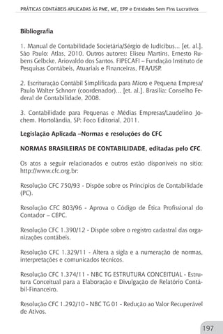 PRÁTICAS CONTÁBEIS APLICADAS ÀS PME, ME, EPP e Entidades Sem Fins Lucrativos
197
Bibliografia
1. Manual de Contabilidade Societária/Sérgio de Iudícibus... [et. al.].
São Paulo: Atlas, 2010. Outros autores: Eliseu Martins, Ernesto Ru-
bens Gelbcke, Ariovaldo dos Santos. FIPECAFI – Fundação Instituto de
Pesquisas Contábeis, Atuariais e Financeiras, FEA/USP.
2. Escrituração Contábil Simplificada para Micro e Pequena Empresa/
Paulo Walter Schnorr (coordenador)... [et. al.]. Brasília: Conselho Fe-
deral de Contabilidade, 2008.
3. Contabilidade para Pequenas e Médias Empresas/Laudelino Jo-
chem. Hortolândia, SP: Foco Editorial, 2011.
Legislação Aplicada –Normas e resoluções do CFC
NORMAS BRASILEIRAS DE CONTABILIDADE, editadas pelo CFC.
Os atos a seguir relacionados e outros estão disponíveis no sítio:
http://www.cfc.org.br:
Resolução CFC 750/93 - Dispõe sobre os Princípios de Contabilidade
(PC).
Resolução CFC 803/96 - Aprova o Código de Ética Profissional do
Contador – CEPC.
Resolução CFC 1.390/12 - Dispõe sobre o registro cadastral das orga-
nizações contábeis.
Resolução CFC 1.329/11 - Altera a sigla e a numeração de normas,
interpretações e comunicados técnicos.
Resolução CFC 1.374/11 - NBC TG ESTRUTURA CONCEITUAL - Estru-
tura Conceitual para a Elaboração e Divulgação de Relatório Contá-
bil-Financeiro.
Resolução CFC 1.292/10 - NBC TG 01 - Redução ao Valor Recuperável
de Ativos.
 