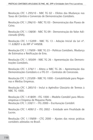 PRÁTICAS CONTÁBEIS APLICADAS ÀS PME, ME, EPP e Entidades Sem Fins Lucrativos
198
Resolução CFC 1.295/10 - NBC TG 02 – Efeitos das Mudanças nas
Taxas de Câmbio e Conversão de Demonstrações Contábeis.
Resolução CFC 1.296/10 - NBC TG 03 - Demonstração dos Fluxos de
Caixa.
Resolução CFC 1.138/08 - NBC TG 09 - Demonstração do Valor Adi-
cionado (DVA).
Resolução CFC 1.152/09 - NBC TG 13 - Adoção Inicial da Lei nº.
11.638/07 e da MP nº 449/08.
Resolução CFC 1.179/09 - NBC TG 23 – Políticas Contábeis, Mudança
de Estimativa e Retificação de Erro.
Resolução CFC 1.185/09 - NBC TG 26 – Apresentação das Demons-
trações Contábeis.
Resolução CFC 1.376/11 - Altera a NBC TG 26 – Apresentação das
Demonstrações Contábeis e a ITG 01 – Contratos de Concessão.
Resolução CFC 1.255/09 - NBC TG 1000 - Contabilidade para Peque-
nas e Médias Empresas.
Resolução CFC 1.285/10 - Inclui o Apêndice Glossário de Termos à
NBC TG 1000.
Resolução CFC 1.418/09 - ITG 1000 – Modelo Contábil para Micro-
empresas e Empresa de Pequeno Porte.
Resolução CFC 1.330/11 - ITG 2000 – Escrituração Contábil.
Resolução CFC 1.409/12 – ITG 2002 – Entidade sem Finalidade de
Lucros.
Resolução CFC 1.159/09 - CTG 2000 – Ajustes das novas práticas
contábeis adotadas no Brasil.
 
