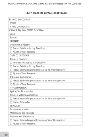 PRÁTICAS CONTÁBEIS APLICADAS ÀS PME, ME, EPP e Entidades Sem Fins Lucrativos
50
1.13.7 Plano de contas simplificado
ELENCO DE CONTAS
ATIVO
ATIVO CIRCULANTE
CAIXA E EQUIVALENTES DE CAIXA
Caixa
Bancos
CLIENTES
Duplicatas a Receber
(-) Perdas Créditos de Liq. Duvidosa
(-) Ajuste a Valor Presente
OUTROS CRÉDITOS
Títulos a Receber
(-) Receitas Financeiras a Transcorrer
(-) Perdas Créditos de Liq. Duvidosa
(-) Perdas Estimadas para Redução ao Valor Recuperável
(-) Ajuste a Valor Presente
Tributos a Compensar
(-) Perdas Estimadas para Redução ao Valor Recuperável
(-) Ajuste a Valor Presente
INVESTIMENTOS
Aplicações Temporárias
Títulos e Valores Mobiliários
(-) Perdas Estimadas para Redução ao Valor Recuperável
(-) Perdas Estimadas
ESTOQUES
Produtos Acabados
Mercadoria par Revenda
Produtos em Elaboração
(-) Perdas Estimadas para Redução ao Valor Recuperável
(-) Ajuste a Valor Presente
 