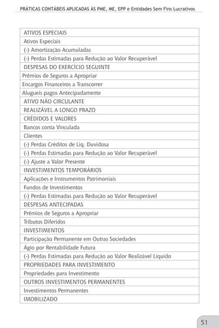 PRÁTICAS CONTÁBEIS APLICADAS ÀS PME, ME, EPP e Entidades Sem Fins Lucrativos
51
ATIVOS ESPECIAIS
Ativos Especiais
(-) Amortização Acumuladas
(-) Perdas Estimadas para Redução ao Valor Recuperável
DESPESAS DO EXERCÍCIO SEGUINTE
Prêmios de Seguros a Apropriar
Encargos Financeiros a Transcorrer
Alugueis pagos Antecipadamente
ATIVO NÃO CIRCULANTE
REALIZÁVEL A LONGO PRAZO
CRÉDIDOS E VALORES
Bancos conta Vinculada
Clientes
(-) Perdas Créditos de Liq. Duvidosa
(-) Perdas Estimadas para Redução ao Valor Recuperável
(-) Ajuste a Valor Presente
INVESTIMENTOS TEMPORÁRIOS
Aplicações e Instrumentos Patrimoniais
Fundos de Investimentos
(-) Perdas Estimadas para Redução ao Valor Recuperável
DESPESAS ANTECIPADAS
Prêmios de Seguros a Apropriar
Tributos Diferidos
INVESTIMENTOS
Participação Permanente em Outras Sociedades
Ágio por Rentabilidade Futura
(-) Perdas Estimadas para Redução ao Valor Realizável Líquido
PROPRIEDADES PARA INVESTIMENTO
Propriedades para Investimento
OUTROS INVESTIMENTOS PERMANENTES
Investimentos Permanentes
IMOBILIZADO
 