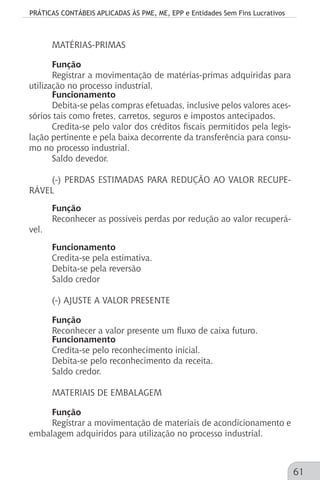 PRÁTICAS CONTÁBEIS APLICADAS ÀS PME, ME, EPP e Entidades Sem Fins Lucrativos
61
MATÉRIAS-PRIMAS
Função
Registrar a movimentação de matérias-primas adquiridas para
utilização no processo industrial.
Funcionamento
Debita-se pelas compras efetuadas, inclusive pelos valores aces-
sórios tais como fretes, carretos, seguros e impostos antecipados.
Credita-se pelo valor dos créditos fiscais permitidos pela legis-
lação pertinente e pela baixa decorrente da transferência para consu-
mo no processo industrial.
Saldo devedor.
(-) PERDAS ESTIMADAS PARA REDUÇÃO AO VALOR RECUPE-
RÁVEL
Função
Reconhecer as possíveis perdas por redução ao valor recuperá-
vel.
Funcionamento
Credita-se pela estimativa.
Debita-se pela reversão
Saldo credor
(-) AJUSTE A VALOR PRESENTE
Função
Reconhecer a valor presente um fluxo de caixa futuro.
Funcionamento
Credita-se pelo reconhecimento inicial.
Debita-se pelo reconhecimento da receita.
Saldo credor.
MATERIAIS DE EMBALAGEM
Função
Registrar a movimentação de materiais de acondicionamento e
embalagem adquiridos para utilização no processo industrial.
 