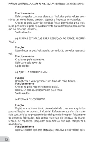 PRÁTICAS CONTÁBEIS APLICADAS ÀS PME, ME, EPP e Entidades Sem Fins Lucrativos
62
Funcionamento
Debita-se pelas compras efetuadas, inclusive pelos valores aces-
sórios tais como fretes, carretos, seguros e impostos antecipados.
Credita-se pelo valor dos créditos fiscais permitidos pela legis-
lação pertinente e pela baixa decorrente da transferência para consu-
mo no processo industrial.
Saldo devedor.
(-) PERDAS ESTIMADAS PARA REDUÇÃO AO VALOR RECUPE-
RÁVEL
Função
Reconhecer as possíveis perdas por redução ao valor recuperá-
vel.
Funcionamento
Credita-se pela estimativa.
Debita-se pela reversão
Saldo credor
(-) AJUSTE A VALOR PRESENTE
Função
Reconhecer a valor presente um fluxo de caixa futuro.
Funcionamento
Credita-se pelo reconhecimento inicial.
Debita-se pelo reconhecimento da receita.
Saldo credor.
MATERIAIS DE CONSUMO
Função
Registrar a movimentação de materiais de consumo adquiridos
para utilização no processo industrial. Referem-se aos demais mate-
riais consumidos no processo industrial que não integram fisicamente
os produtos fabricados, tais como: materiais de limpeza, de manu-
tenção, de reposição, pequenas ferramentas que não compõem o
imobilizado.
Funcionamento
Debita-se pelas compras efetuadas, inclusive pelos valores aces-
 