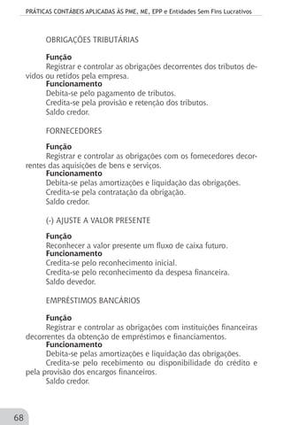 PRÁTICAS CONTÁBEIS APLICADAS ÀS PME, ME, EPP e Entidades Sem Fins Lucrativos
68
OBRIGAÇÕES TRIBUTÁRIAS
Função
Registrar e controlar as obrigações decorrentes dos tributos de-
vidos ou retidos pela empresa.
Funcionamento
Debita-se pelo pagamento de tributos.
Credita-se pela provisão e retenção dos tributos.
Saldo credor.
FORNECEDORES
Função
Registrar e controlar as obrigações com os fornecedores decor-
rentes das aquisições de bens e serviços.
Funcionamento
Debita-se pelas amortizações e liquidação das obrigações.
Credita-se pela contratação da obrigação.
Saldo credor.
(-) AJUSTE A VALOR PRESENTE
Função
Reconhecer a valor presente um fluxo de caixa futuro.
Funcionamento
Credita-se pelo reconhecimento inicial.
Credita-se pelo reconhecimento da despesa financeira.
Saldo devedor.
EMPRÉSTIMOS BANCÁRIOS
Função
Registrar e controlar as obrigações com instituições financeiras
decorrentes da obtenção de empréstimos e financiamentos.
Funcionamento
Debita-se pelas amortizações e liquidação das obrigações.
Credita-se pelo recebimento ou disponibilidade do crédito e
pela provisão dos encargos financeiros.
Saldo credor.
 