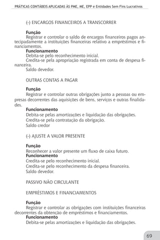 PRÁTICAS CONTÁBEIS APLICADAS ÀS PME, ME, EPP e Entidades Sem Fins Lucrativos
69
(-) ENCARGOS FINANCEIROS A TRANSCORRER
Função
Registrar e controlar o saldo de encargos financeiros pagos an-
tecipadamente a instituições financeiras relativo a empréstimos e fi-
nanciamentos.
Funcionamento
Debita-se pelo reconhecimento inicial.
Credita-se pela apropriação registrada em conta de despesa fi-
nanceira.
Saldo devedor.
OUTRAS CONTAS A PAGAR
Função
Registrar e controlar outras obrigações junto a pessoas ou em-
presas decorrentes das aquisições de bens, serviços e outras finalida-
des.
Funcionamento
Debita-se pelas amortizações e liquidação das obrigações.
Credita-se pela contratação da obrigação.
Saldo credor
(-) AJUSTE A VALOR PRESENTE
Função
Reconhecer a valor presente um fluxo de caixa futuro.
Funcionamento
Credita-se pelo reconhecimento inicial.
Credita-se pelo reconhecimento da despesa financeira.
Saldo devedor.
PASSIVO NÃO CIRCULANTE
EMPRÉSTIMOS E FINANCIAMENTOS
Função
Registrar e controlar as obrigações com instituições financeiras
decorrentes da obtenção de empréstimos e financiamentos.
Funcionamento
Debita-se pelas amortizações e liquidação das obrigações.
 