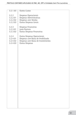 PRÁTICAS CONTÁBEIS APLICADAS ÀS PME, ME, EPP e Entidades Sem Fins Lucrativos
91
3.2.1.03 	 Outros Custos
3.2.2		 Despesas Operacionais
3.2.2.01	 Despesas Administrativas
3.2.2.02	 Despesas com Vendas
3.2.2.03	 Outras Despesas Gerais
3.2.3		 Despesas Financeiras
3.2.3.01	 Juros Passivos
3.2.3.02	 Outras Despesas Financeiras
3.2.4		 Outras Despesas Operacionais
3.2.4.01	 Despesas com Baixa de Imobilizado
3.2.4.02	 Despesas com Baixa de Investimentos
3.2.4.03	 Outras Despesas
	
 