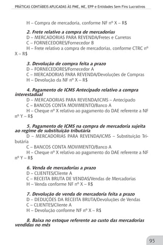 PRÁTICAS CONTÁBEIS APLICADAS ÀS PME, ME, EPP e Entidades Sem Fins Lucrativos
95
H – Compra de mercadoria, conforme NF nº X – R$
2. Frete relativo a compra de mercadorias
D – MERCADORIAS PARA REVENDA/Fretes e Carretos
C – FORNECEDORES/Fornecedor B
H – Frete relativo a compra de mercadorias, conforme CTRC nº
X – R$
3. Devolução de compra feita a prazo
D – FORNECEDORES/Fornecedor A
C – MERCADORIAS PARA REVENDA/Devoluções de Compras
H – Devolução da NF nº X – R$
4. Pagamento de ICMS Antecipado relativo a compra
interestadual
D – MERCADORIAS PARA REVENDA/ICMS – Antecipado
C – BANCOS CONTA MOVIMENTO/Banco A
H – Cheque nº X relativo ao pagamento do DAE referente a NF
nº Y – R$
5. Pagamento de ICMS na compra de mercadoria sujeita
ao regime de substituição tributária
D – MERCADORIAS PARA REVENDA/ICMS – Substituição Tri-
butária
C – BANCOS CONTA MOVIMENTO/Banco A
H – Cheque nº X relativo ao pagamento do DAE referente a NF
nº Y – R$
6. Venda de mercadorias a prazo
D – CLIENTES/Cliente A
C – RECEITA BRUTA DE VENDAS/Vendas de Mercadorias
H – Venda conforme NF nº X – R$
7. Devolução de venda de mercadoria feita a prazo
D – DEDUÇÕES DA RECEITA BRUTA/Devoluções de Vendas
C – CLIENTES/Cliente A
H – Devolução conforme NF nº X – R$
8. Baixa no estoque referente ao custo das mercadorias
vendidas no mês
 
