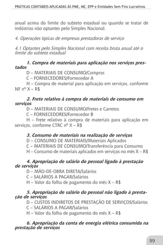 PRÁTICAS CONTÁBEIS APLICADAS ÀS PME, ME, EPP e Entidades Sem Fins Lucrativos
99
anual acima do limite do subteto estadual ou quando se tratar de
indústrias não optantes pelo Simples Nacional.
4. Operações típicas de empresas prestadoras de serviço
4.1 Optantes pelo Simples Nacional com receita bruta anual até o
limite do subteto estadual
1. Compra de materiais para aplicação nos serviços pres-
tados
D – MATERIAIS DE CONSUMO/Compras
C – FORNECEDORES/Fornecedor A
H – Compra de material para aplicação em serviços, conforme
NF nº X – R$
2. Frete relativo à compra de materiais de consumo em
serviços
D – MATERIAIS DE CONSUMO/Fretes e Carretos
C – FORNECEDORES/Fornecedor B
H – Frete relativo à compra de materiais para aplicação em
serviços, conforme CTRC nº X – R$
3. Consumo de materiais na realização de serviços
D – CONSUMO DE MATERIAIS/Materiais Aplicados
C – MATERIAIS DE CONSUMO/Transferência para Consumo
H – Consumo de materiais aplicados em serviços no mês X – R$
4. Apropriação de salário do pessoal ligado à prestação
de serviços
D – MÃO-DE-OBRA DIRETA/Salários
C – SALÁRIOS A PAGAR/Salários
H – Valor da folha de pagamento do mês X – R$
5. Apropriação de salário do pessoal não ligado à presta-
ção de serviços
D – CUSTOS INDIRETOS DE PRESTAÇÃO DE SERVIÇOS/Salários
C – SALÁRIOS A PAGAR/Salários
H – Valor da folha de pagamento do mês X – R$
6. Apropriação da conta de energia elétrica consumida na
prestação de serviços
 