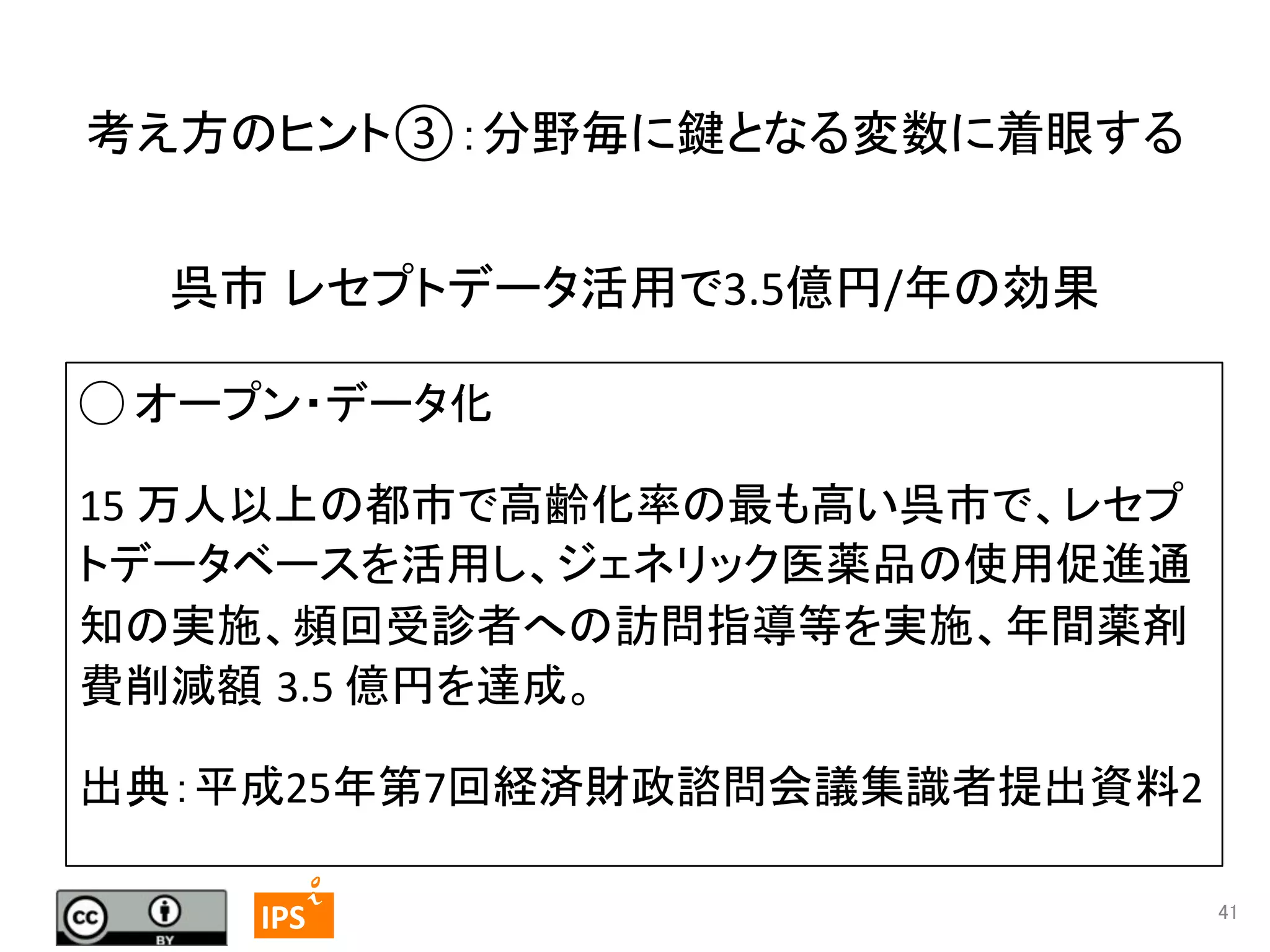 考え方のヒント③：分野毎に鍵となる変数に着眼する	
呉市 レセプトデータ活用で3.5億円/年の効果	
◯	
  オープン・データ化	
15	
  万人以上の都市で高齢化率の最も高い呉市で、レセプ
トデータベースを活用し、ジェネリック医薬品の使用促進通
知の実施、頻回受診者への訪問指導等を実施、年間薬剤
費削減額 3.5	
  億円を達成。	
  
出典：平成25年第7回経済財政諮問会議集識者提出資料2	
  
41	
	
  	
 

	
 

IPS	
 

41	

 
