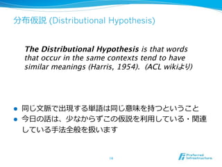 (Distributional Hypothesis)
The Distributional Hypothesis is that words
that occur in the same contexts tend to have
similar meanings (Harris, 1954). (ACL wiki
)

! 
! 

 