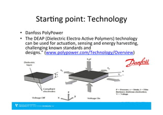 StarDng	
  point:	
  Technology	
  
•  Danfoss	
  PolyPower	
  	
  
•  The	
  DEAP	
  (Dielectric	
  Electro	
  AcDve	
  Polymers)	
  technology	
  
can	
  be	
  used	
  for	
  actuaDon,	
  sensing	
  and	
  energy	
  harvesDng,	
  
challenging	
  known	
  standards	
  and	
  
designs.”	
  (www.polypower.com/Technology/Overview)	
  
 
