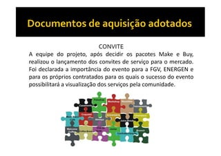 CONVITE
A equipe do projeto, após decidir os pacotes Make e Buy,
realizou o lançamento dos convites de serviço para o mercado.
Foi declarada a importância do evento para a FGV, ENERGEN e
para os próprios contratados para os quais o sucesso do evento
possibilitará a visualização dos serviços pela comunidade.

 