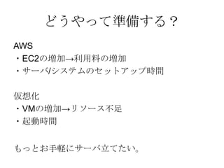 どうやって準備する？
AWS
・EC2の増加→利用料の増加
・サーバ/システムのセットアップ時間

仮想化
・VMの増加→リソース不足
・起動時間
もっとお手軽にサーバ立てたい。

 