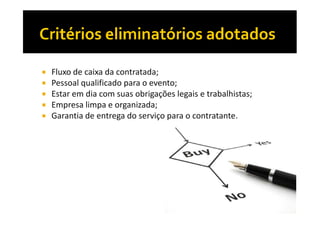 Fluxo de caixa da contratada;
Pessoal qualificado para o evento;
Estar em dia com suas obrigações legais e trabalhistas;
Empresa limpa e organizada;
Garantia de entrega do serviço para o contratante.

 