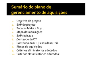 1.
2.
3.
4.
5.
6.
7.
8.
9.
10.

Objetivo do projeto
EAP do projeto
Pacotes Make e Buy
Mapa das aquisições
EAP revisada
Conteúdo da DT
Conteúdo da DT (Pesos das DT’s)
Riscos da aquisições
Critérios eliminatórios adotados
Critérios classificatórios adotados

 