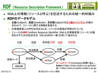 RDF（Resource Description Framework）



Web上の情報（リソースと呼ぶ）を記述するための統一的枠組み
RDFのデータモデル





主語（subject），述語（predicate），目的語（object）の3つ組み（トリプル）の組み
合わせで，リソースに関する情報を表現する．
計算機表現上はXML形式をはじめ，いくつかの表現が用意されている．
リソースはURI（Uniform Resource Identifier：Web上の情報資源（リソース）の場
所を示すための記述方式．URLはURIの一種）を用いて表される．
主語

koan:lecture#280598

授業コード
280598
2014/2/11

目的語 主語

述語
担当教員

担当教員

ei:kozaki/

述語
所属

目的語

ei:main

所属

ei:kita/

ネームスペース（namespace)を用いると…
koan:＝https://koan.osaka-u.ac.jp/koan/
ei：＝http://www.ei.sanken.osaka-u.ac.jp/
第３回LODハッカソン関西

10

 