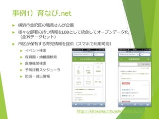 事例1）育なび.net


横浜市金沢区の職員さんが企画



様々な部署の持つ情報をLODとして統合してオープンデータ化
（全39データセット）



市区が保有する育児情報を提供（スマホで利用可能）


イベント検索



保育園・幼稚園検索



医療機関検索



予防接種スケジューラ



防災・減災情報

http://kirakana.city.yokohama.lg.jp/

 