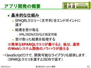 アプリ開発の概要


基本的な仕組み




SPAQRLクエリー（文字列）をエンドポイントに
渡す
結果を受け取る


XML/JSON/CSVなど指定可能

受け取った結果を処理する
※簡単なSPARQLクエリが書けると，後は，通常
のWebシステム開発のノウハウが使える


→JavaScriptだけで，開発可能なライブラリも提供します．
（SPARQLクエリを渡すとJSONで返す）
2014/2/11

第３回LODハッカソン関西

53

 