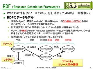 RDF（Resource Description Framework）



Web上の情報（リソースと呼ぶ）を記述するための統一的枠組み
RDFのデータモデル







主語（subject），述語（predicate），目的語（object）の3つ組み（トリプル）の組み
合わせで，リソースに関する情報を表現する．
計算機表現上はXML形式をはじめ，いくつかの表現が用意されている．
リソースはURI（Uniform Resource Identifier：Web上の情報資源（リソース）の場
所を示すための記述方式．URLはURIの一種）を用いて表される．
目的語には「リテラル」（文字列）を用いることができる．
目的語
目的語 主語 述語
主語
述語

リソース
https://koan.osaka-u.ac.jp/
koan/lecture#280598

授業コード

リテラル

担当教員

担当教員

http://www.ei.sanken.
osaka-u.ac.jp/~kozaki/

所属

http://www.ei.sanken.
osaka-u.ac.jp/~kita/

所属

プロパティ
：リソース間の関係

280598
2014/2/11

http://www.ei.sanken.
osaka-u.ac.jp/main

第３回LODハッカソン関西

9

 