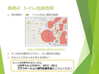 事例4）トイレ危険地帯


何の地図？

トイレがない場所の地図

http://y4ashida.github.io/toilet/


モノがある場所だけでなく、ない場所を可視化



次はどこに作るべきか考える材料に！
もっと活用事例を見たい方は…

LODチャレンジ2011・2012・2013
アプリケーション部門応募作品をごらんください

 