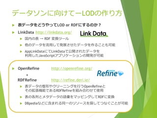 データソンに向けてーLODの作り方


表データをどうやってLOD or RDFにするのか？



LinkData http://linkdata.org/



他のデータを流用して発展させたデータを作ることも可能





国内の表 → RDF 変換ツール

AppLinkDataにてLinkDataで公開されたデータを
利用したJavaScriptアプリケーションの開発が可能

OpenRefine

http://openrefine.org/

+
RDFRefine

http://refine.deri.ie/



表データの整形やクリーニングを行うOpenRefineと
その拡張機能であるRDFRefineを組み合わせて使用



表の各列とメタデータの語彙をマッピングしてRDFに変換



DBpediaなどに含まれる同一のリソースを探してつなぐことが可能

 