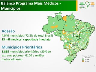 Balanço Programa Mais Médicos Municípios

Adesão
4.040 municípios (72,5% do total Brasil)
13 mil médicos: capacidade imediata

Municípios Prioritários
1.855 municípios prioritários (20% de
extrema pobreza, G100 e regiões
metropolitanas)
2

 