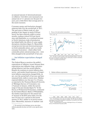 MONETARY POLICY REPORT:   FEBRUARY 2014 7 

an unusual amount of downward pressure
on inflation. Unit labor costs increased at an
annual rate of 1½ percent over the past two
years, just a little below their average prior to
the recent recession.
Consumer energy and food prices changed
relatively little over the second half of 2013.
The spot price of Brent crude oil, after
peaking in late August at nearly $120 per
barrel, has been relatively stable in recent
months, trading at about $110 per barrel
since mid-September, as a continued increase
in North American crude oil production
has helped buffer the effects of some supply
disruptions elsewhere (figure 8). Meanwhile,
strong harvests have put downward pressure
on food commodity prices, and, as a result,
consumer food prices—which reflect both
commodity prices and processing costs—were
little changed in the second half of last year.

. . . but inflation expectations changed
little
The Federal Reserve monitors the public’s
expectations of inflation, in part because these
expectations may influence wage- and pricesetting behavior and thus actual inflation.
Despite the weakness in recent inflation data,
survey- and market-based measures of longerterm inflation expectations changed little, on
net, over the second half of last year and have
remained fairly stable in recent years. Median
expected inflation over the next 5 to 10 years,
as reported in the Thomson Reuters/University
of Michigan Surveys of Consumers, was
2.9 percent in January, within the narrow
range of the past decade (figure 9).1 In the
Survey of Professional Forecasters, conducted
by the Federal Reserve Bank of Philadelphia,
the median expectation for the annual rate
of increase in the PCE price index over the
next 10 years was 2 percent in the fourth
quarter of 2013, similar to its level in recent
years. Meanwhile, measures of medium- and
1. The question in the Michigan survey asks about
inflation generally but does not refer to any specific price
index.

8. Prices of oil and nonfuel commodities
January 2, 2008 = 100

Dollars per barrel

140

140

130
120

120

Nonfuel
commodities

110

100

100

80

90

60

Oil

80

40

70
2008

2009

2010

2011

2012

2013

2014

NOTE: The data are weekly averages of daily data through February 6, 2014. The
price of oil is the spot price of Brent crude oil, and the price of nonfuel commodities
is an index of 23 primary-commodity prices.
SOURCE: Commodity Research Bureau.

9. Median inflation expectations
Percent

5

Michigan survey expectations
for next 5 to 10 years

4
3
2

SPF expectations
for next 10 years

1
+
0
_

2002

2004

2006

2008

2010

2012

2014

NOTE: The Michigan survey data are monthly. The SPF data for inflation
expectations for personal consumption expenditures are quarterly and extend
from 2007:Q1 through 2013:Q4.
SOURCE: Thomson Reuters/University of Michigan Surveys of Consumers;
Survey of Professional Forecasters (SPF).

 